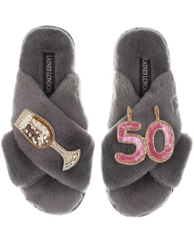 Laines London Classic Laines Slippers With 50th Birthday & Champagne Glass Brooches - Brown