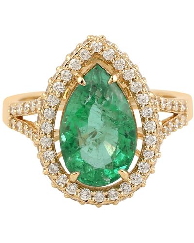 Artisan Yellow Gold Pearl Shape Natural Diamond Emerald Cocktail Ring Handmade Jewelry - Metallic
