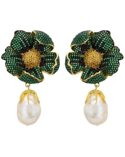 LÁTELITA London Poppy Flower Baroque Pearl Earrings Emerald Green Gold