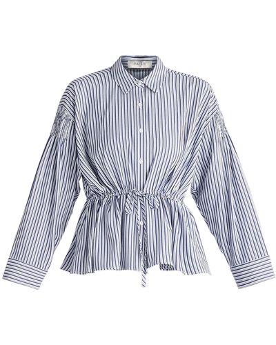 Paisie Striped Ruched Shirt In Navy And White - Blue