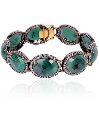 Artisan 18k Gold & 925 Silver In Oval Cut Emerald With Pave Diamond Fixed And Flexible Bracelet - Green