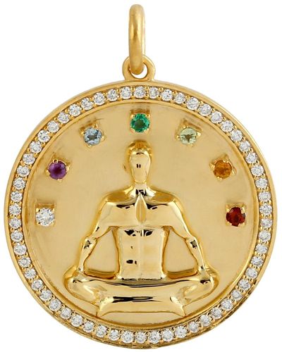 Artisan 14k Gold Pave Natural Diamond & Mix Stone Rainbow Yoga Chakra Buddha Charm Pendant - Metallic