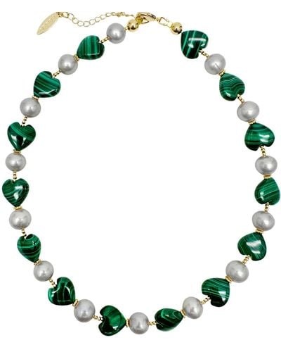 Farra Heart-shaped Malachite With Grey Freshwater Pearls Statement Necklace - Green