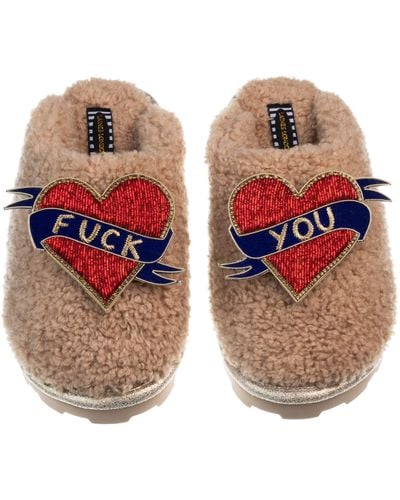 Laines London Neutrals Teddy Closed Toe Slippers With Fuck You Brooches - Orange