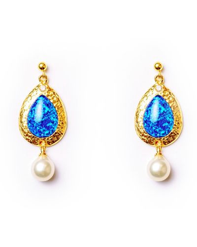 EUNOIA Jewels Dune Statement Gold Opal And Freshwater Pearl Dangle Drop Earrings - Blue