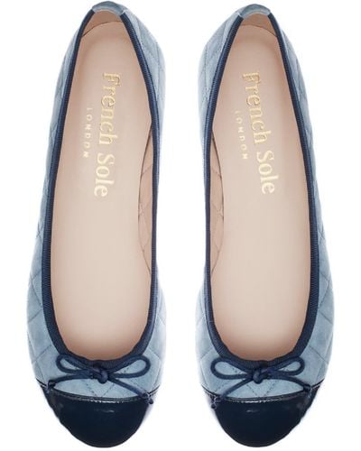 French Sole Lola Sky Quilted Suede With Navy Patent Toecap - Blue