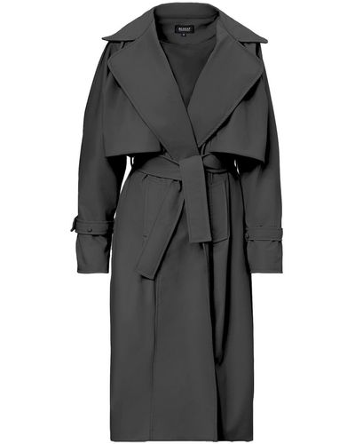 BLUZAT Leather Raglan Sleeve Trench Coat With Belt - Black
