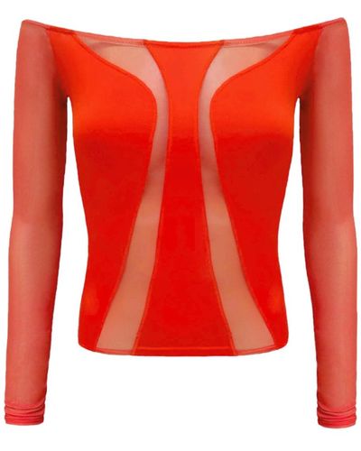 OW Collection Swirl Off Shoulder Blouse With Mesh Details - Red