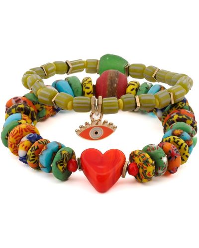 Ebru Jewelry Bohemian Style Red Heart & Evil Eye Happy Bracelet Set - Green