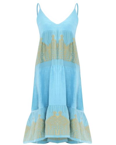 Haris Cotton Tank Linen Dress With Embroidered Cotton Ruffles Zante Gold - Blue