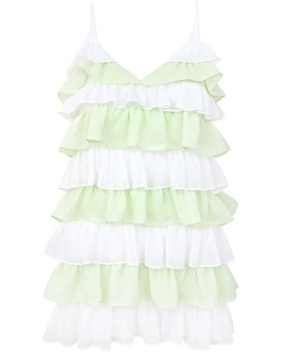 blonde gone rogue Summer Affair Mini Dress With Ruffles, Upcycled Polyester, In White & Light Green