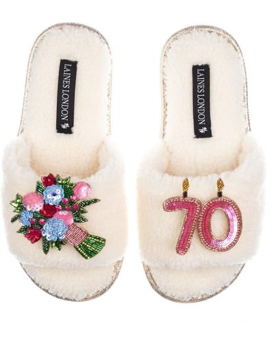 Laines London Teddy Toweling Slipper Sliders With 70th Birthday & Flowers Brooches - Pink