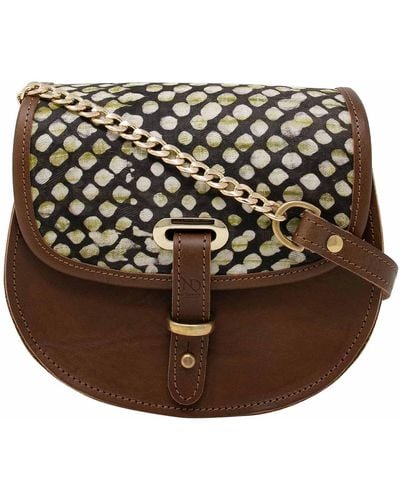 N'damus London Mini Victoria Amaka Olive Green & Black Spotted African Print Full Grain Tan Leather Crossbody Saddle Bag With Gold Chain - Brown