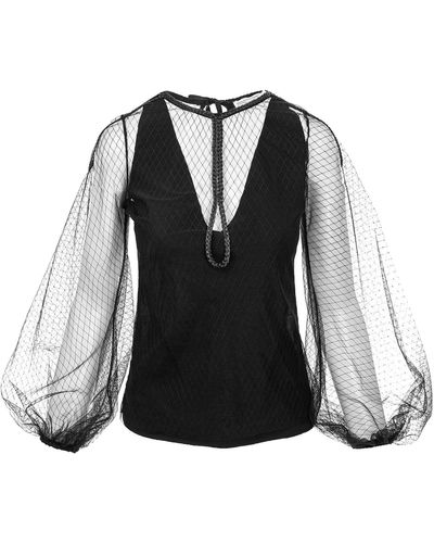 Silvia Serban Puffed Sleeves Textured Tulle Blouse - Black