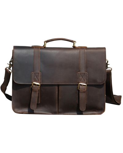 Touri Worn Look Genuine Leather Briefcase - Black