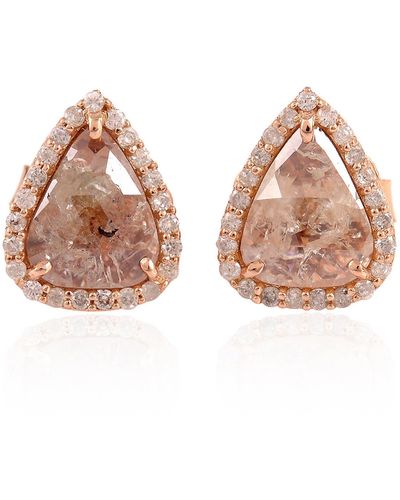 Artisan Solid 18k Rose Gold In Pear Cut Natural Ice Diamond Antique Stud Earrings - Brown