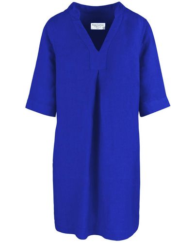 Haris Cotton "v" Neck Line Linen Dress - Blue