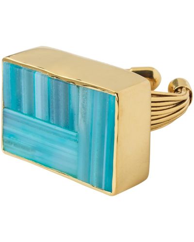 YAA YAA LONDON Aqua Green Adjustable Gemstone Block Gold Ring - Multicolor