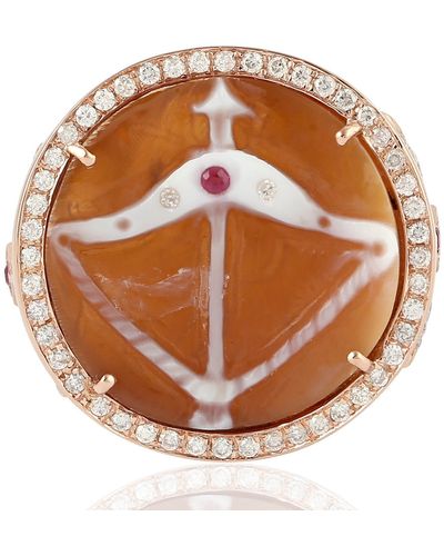 Artisan 18k Gold Shell Cameos Archer Symbol Diamond Ruby Gemstone Ring Jewelry - Brown