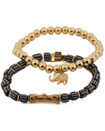 Ebru Jewelry Lucky Gold Elephant & Black Beaded Bracelet Set - Metallic