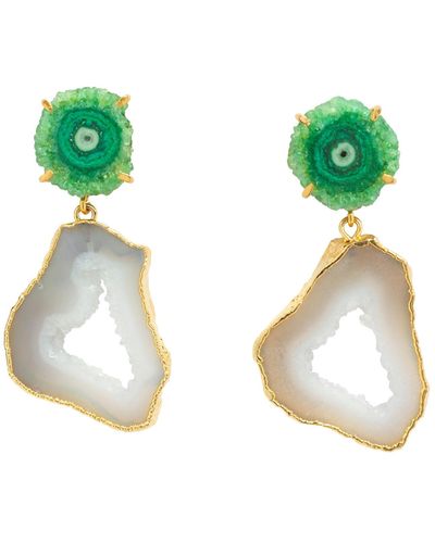 YAA YAA LONDON Green White Crystal Gemstone Gold 'summer Love' Statement Earrings