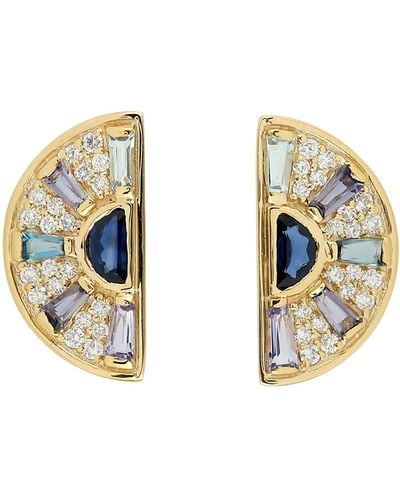 Artisan 18k Yellow Gold Pave Diamond Baguette Sapphire Aquamarine Topaz Stud Earrings Jewelry - Metallic