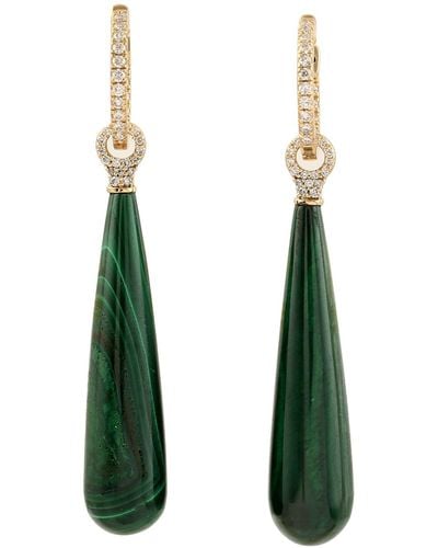 Artisan Natural Pave Diamond & Beautiful Malachite Drop Danglers Earrings In 18k Yellow Gold - Green