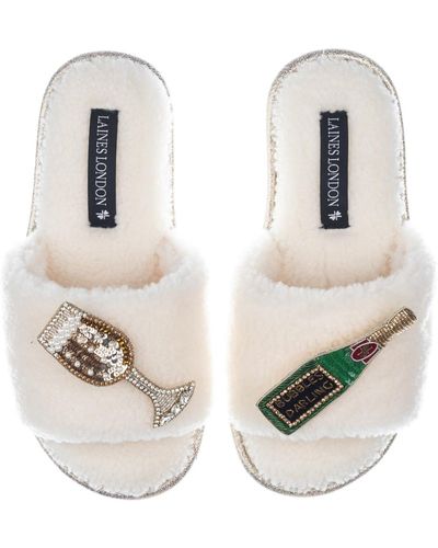 Laines London Teddy Towelling Slipper Sliders With Bubbles Darling Brooches - Metallic