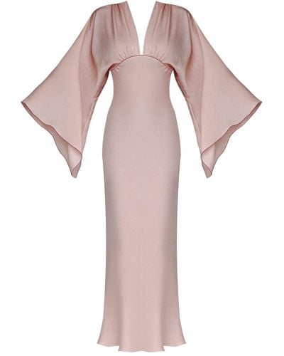 Lily Phellera Scarlett Kimono Gown With Trumpet Sleeves & Red Piping Detail - Pink