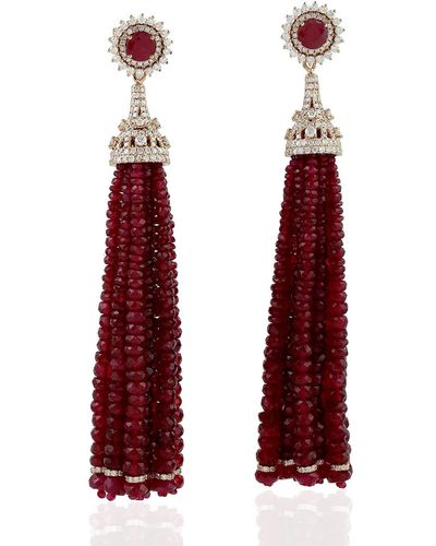 Artisan Rose Gold Pave Diamond Ruby Bead Tassel Earrings Handmade - Red