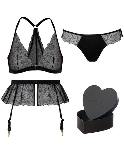 Tallulah Love Midnight Rose Gift Set: Bralette, Brief, Suspender & Heart Box - Black