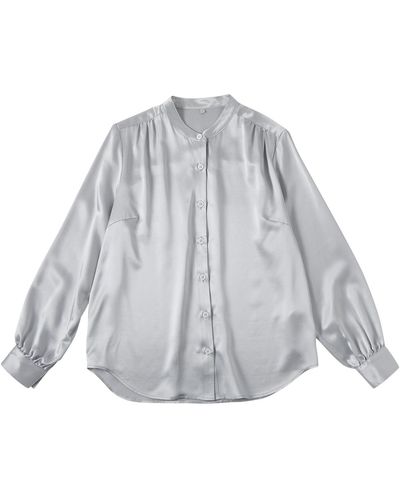 Soft Strokes Silk Pure Silk Long Sleeve Banded Collar Blouse - Gray