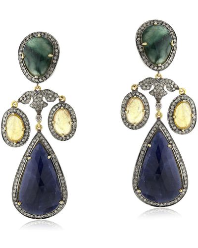 Artisan Emerald Multi Sapphire Pave Diamond Dangle Earrings Gold Silver Jewelry - Blue