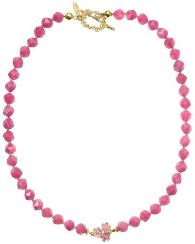 Farra Pink Faceted Gemstone With Flower Pendant Necklace - Red