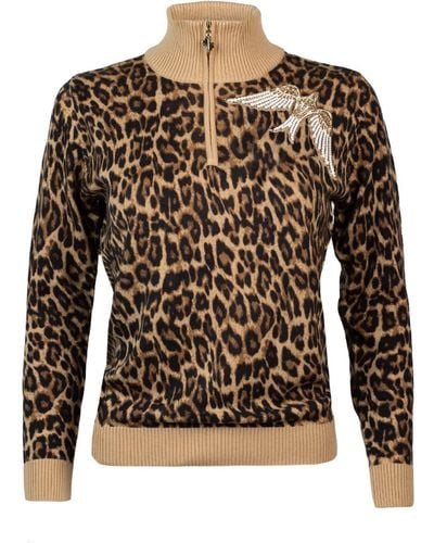 Laines London Laines Couture Animal Print Quarter Zip Sweater With Embellished Pearl Bird - Brown