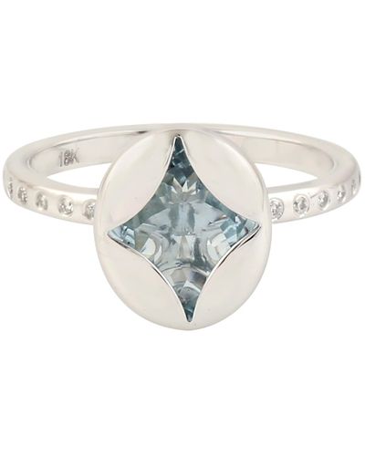 Artisan 18k White Gold With Aquamarine Flush Setting Diamond Designer Ring Handmade Jewelry - Multicolor