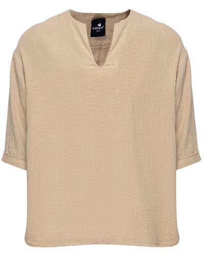 Monique Store Bohemian V Neck 3.4 Sleeve Linen Shirt Camel - Natural