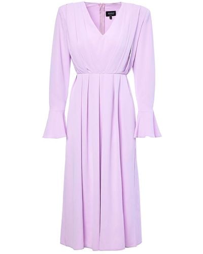 BLUZAT Pastel Pink Midi Dress With Pleats And Proeminent Shoulders - Purple