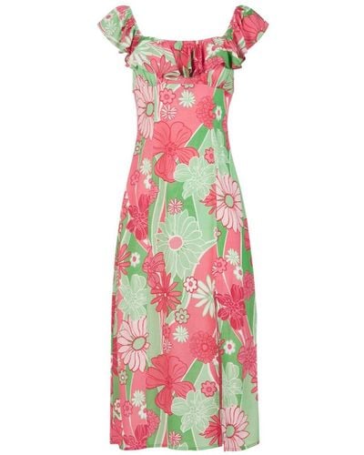 Lavaand The Francesca Frill Neck Midi Dress In Mixed Floral - Red