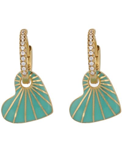 Ebru Jewelry Green Enamel Heart Diamond Hoop Gold Earrings