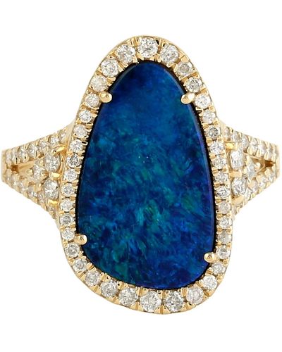 Artisan 18k Gold Oval Opal Doublet Gemstone Natural Diamond Cocktail Ring Handmade - Blue