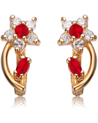 Genevive Jewelry Sterling Silver Gold Plated Ruby Cubic Zirconia Flower huggie Earrings - Red