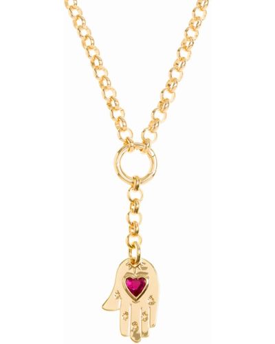 Patroula Jewellery Pink Hamsa Hand On Gold Belcher Chain Necklace - Metallic