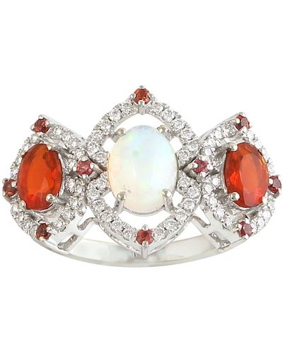 Artisan Ethiopian & Fire Opal With Sapphire Pave Diamond In 18k White Gold Three Stone Ring - Multicolor