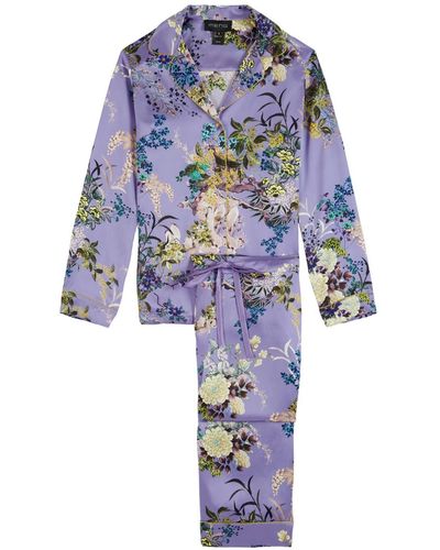 Meng Purple Crane Silk Satin Pajama Set - Blue