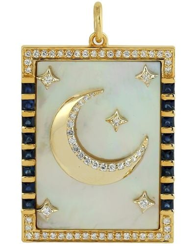 Artisan Mother Of Pearl & Blue Sapphire With Diamond In 14k Gold Crescent Moon Star Tarot Card Pendant - Metallic