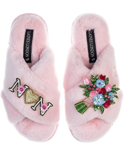 Laines London Classic Laines Mother's Day Slippers With Floral Bouquet & Nan Brooches - Pink