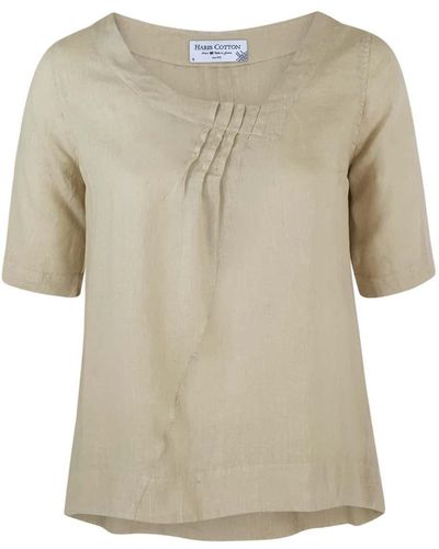 Haris Cotton Neutrals Asymmetric Neck Linen Blouse With Pleates - Natural