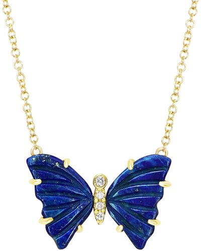 KAMARIA Lapis Butterfly Necklace With Diamonds & Prongs - Blue
