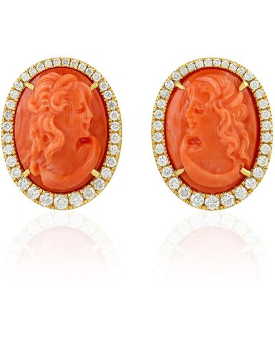 Artisan Coral Gemstone Natural Diamond 18k Solid Gold Stud Earrings Jewellery - Orange